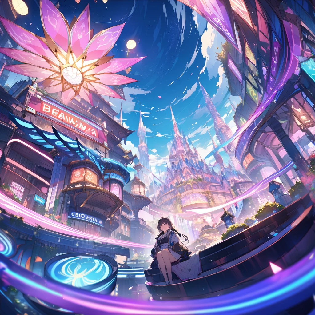 Masterpiece,Magnificent Mountain々Ya sky、In the midst of lush natural scenery、A person sitting with a slightly tired expression。In a calm atmosphere、It conveys a relaxed state、Glossy and great color、Thriving Neon Building、Highly detailed HDR、Beyond imagination、8k、Global Illumination、Wide angle、Dream world