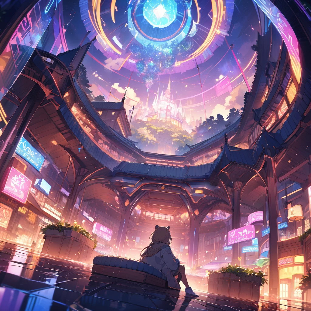 Masterpiece,Magnificent Mountain々Ya sky、In the midst of lush natural scenery、A person sitting with a slightly tired expression。In a calm atmosphere、It conveys a relaxed state、Glossy and great color、Thriving Neon Building、Highly detailed HDR、Beyond imagination、8k、Global Illumination、Wide angle、Dream world