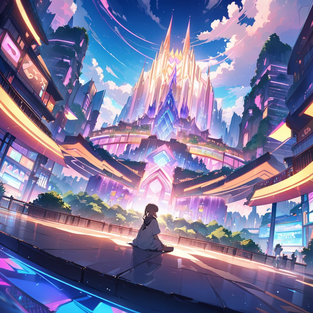 Masterpiece,Magnificent Mountain々Ya sky、In the midst of lush natural scenery、A person sitting with a slightly tired expression。In a calm atmosphere、It conveys a relaxed state、Glossy and great color、Thriving Neon Building、Highly detailed HDR、Beyond imagination、8k、Global Illumination、Wide angle、Dream world