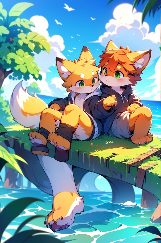 Furry,Fox,boy,8k resolution,最high resolution,                   high resolution,Seascape,In a hoodie,Green Eyes,summer