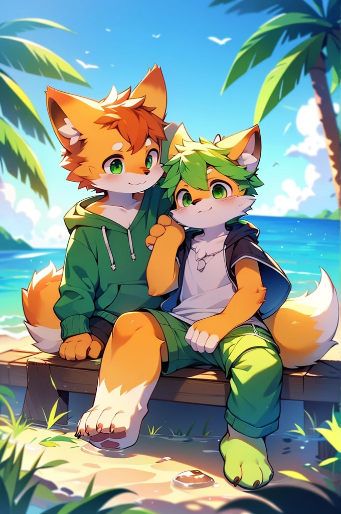 Furry,Fox,boy,8k resolution,最high resolution,                   high resolution,Seascape,In a hoodie,Green Eyes,summer