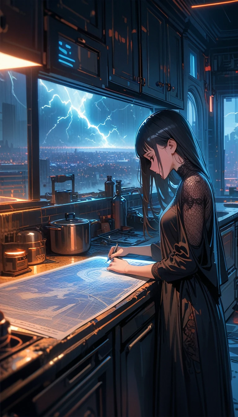 ((best quality)) , ((masterpiece)) , (detailed),michael garmash, rob rey and disney, digital art, (Woman:1.1) , wearing Lace Shuka, Best quality, Thunderstorm, blueprint, kitchen scenes, subdued tones, Symbolist, intricate ironwork, unpredictable results, German Impressionism, drawing, cityscape, sci-fi, highly intricate, illustrious, detailed, delicate, fine polished