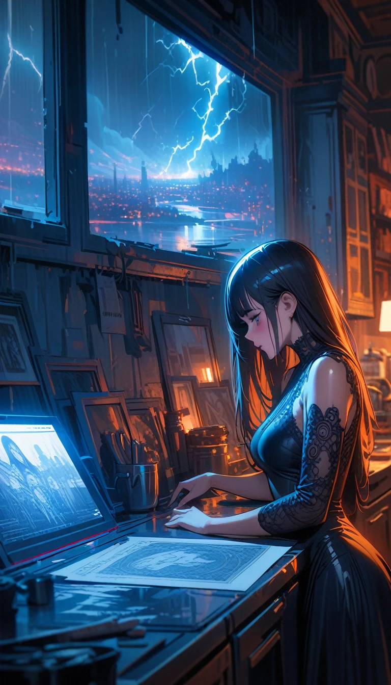 ((best quality)) , ((masterpiece)) , (detailed),michael garmash, rob rey and disney, digital art, (Woman:1.1) , wearing Lace Shuka, Best quality, Thunderstorm, blueprint, kitchen scenes, subdued tones, Symbolist, intricate ironwork, unpredictable results, German Impressionism, drawing, cityscape, sci-fi, highly intricate, illustrious, detailed, delicate, fine polished