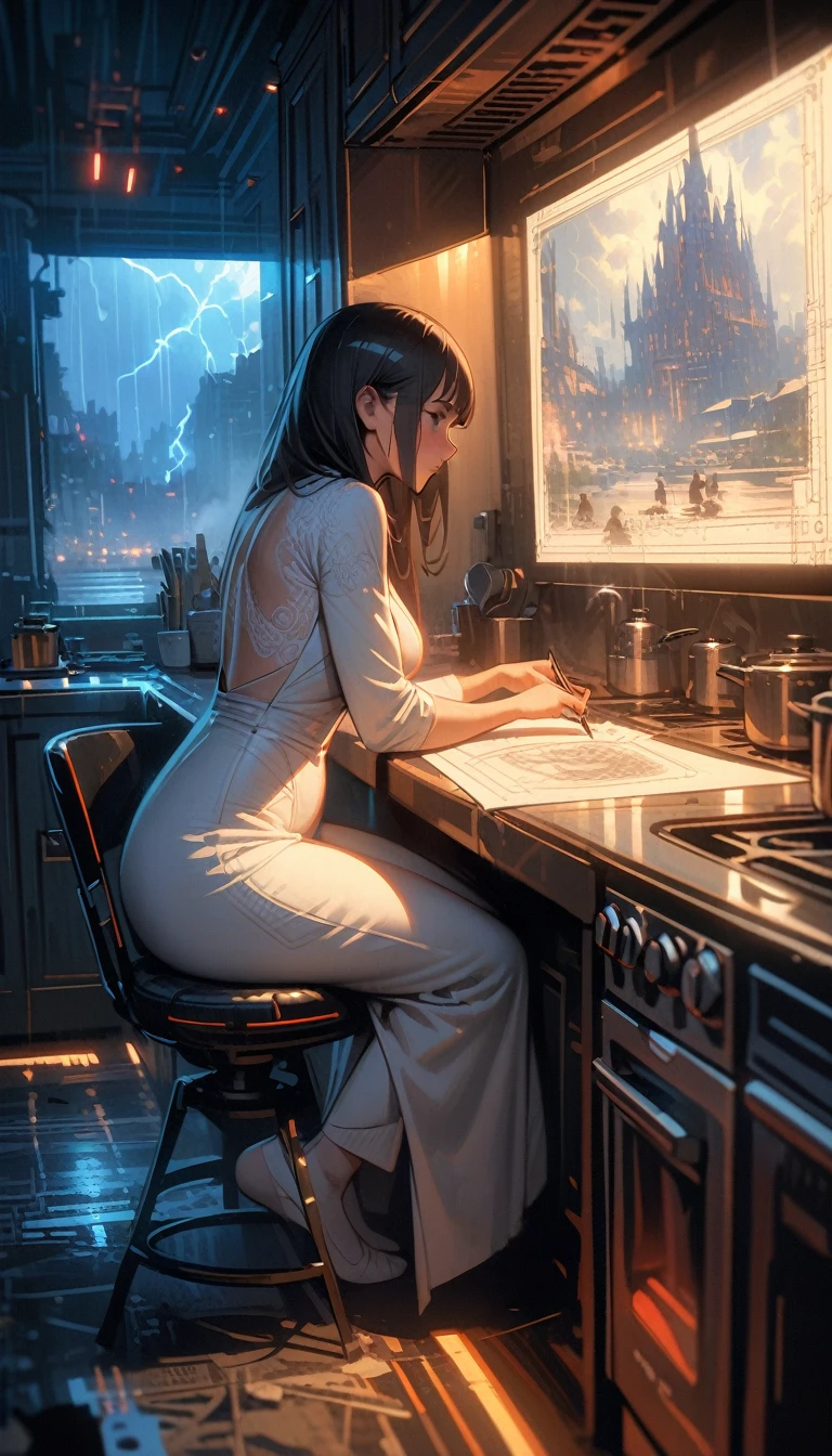 ((best quality)) , ((masterpiece)) , (detailed),michael garmash, rob rey and disney, digital art, (Woman:1.1) , wearing Lace Shuka, Best quality, Thunderstorm, blueprint, kitchen scenes, subdued tones, Symbolist, intricate ironwork, unpredictable results, German Impressionism, drawing, cityscape, sci-fi, highly intricate, illustrious, detailed, delicate, fine polished