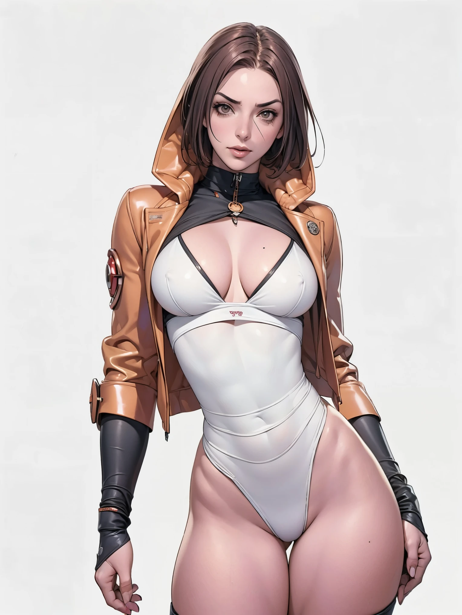 (((Annie Lennox))), (((copper color suit))), (scars), (((bandaged arms))), (((colorful clothes))) (( hood)), (((best qualityer: 1.4))), (Unbeatable masterpiece), (hiper HD),(CG 8k hyper-realistic), brave face, (((breasts big))), (((hyper feminine))), sexly girl, black tattoo,(ultra short red hair with white highlights)), ((( sculptural body ))), (((1 Kizi))), Kizi tatuada de 25 anos com perfectbody,,Beautiful and well-groomed face,muscular body:1.2,solid color detailed jacket, (Head to thigh photos), Complex equipment, copper,Tight clothes,With white stars and off-white stripes,,,,,Armor Metal Electronic Parts, Poison tattoos ) INFO, Kizi, (((standing alone))), pirralha violent, 24歳, sexy, pose de atitude, work of art, post-apocalypse, (((manga style))), bounty hunter, the way you want, perfect body, roupa moderna, advanced technology, Pleated mini skirt with checkered pattern in red and black, fur collar jacket, sleeves with vertical striped pattern, neutral background, (( cowboy shot )). intricate visual, narrow waist, (((wide hips))), wide hips, fit thighs, (thigh gap), background shows a futuristic airplane