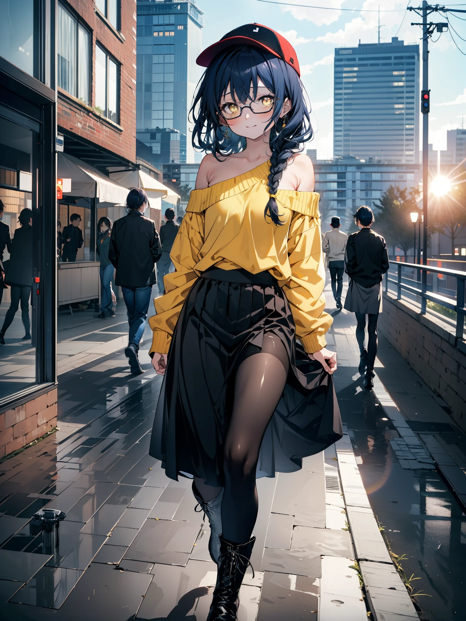 you like it, Umi Sonoda, Long Hair, Blue Hair, (Yellow Eyes:1.5) (Flat Chest:1.2),Blue one-shoulder sweater,Long skirt,Black Pantyhose,short boots,Baseball cap,Black-rimmed glasses,Long braids,smile,walk,morning,morning陽,The rising sun,On the way to school,whole bodyがイラストに入るように,
break looking at viewer,whole body,
break outdoors, station,
break (masterpiece:1.2), Highest quality, High resolution, unity 8k wallpaper, (shape:0.8), (Beautiful attention to detail:1.6), Highly detailed face, Perfect lighting, Extremely detailed CG, (Perfect hands, Perfect Anatomy),
