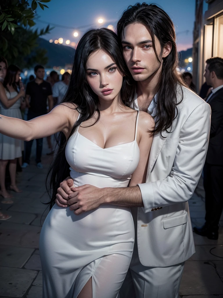 1 woman with black hair, blue colored eyes, realisitic, Megan fox, elegant white dress, travel in greece, glad, Selfie, the night, high qualiy, with 1 beautiful dark-skinned man, photo hugging