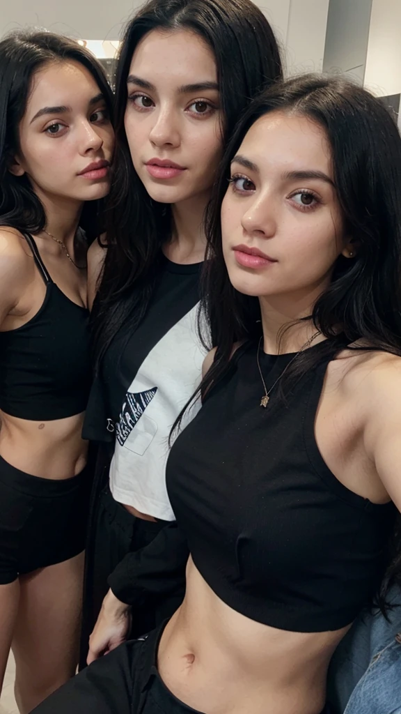 A selfie of a girl with long black hair  wearing a dark blue crop top and she is  with two ugly girls 