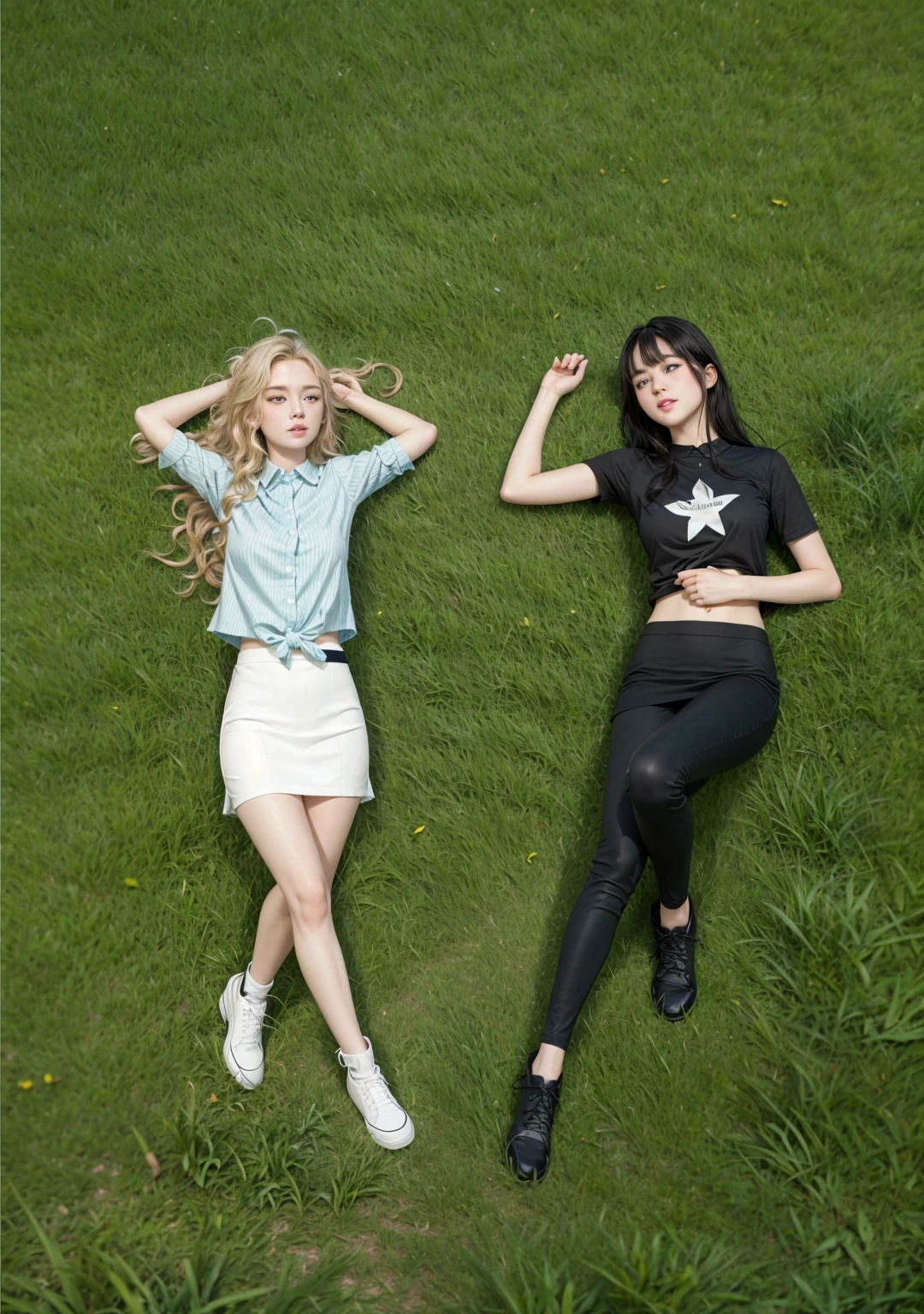 2 girls lying on the grass looking at each other, One has long, wavy blonde hair and green eyes.. the other has short straight black hair and bangs, Asian blue eyes