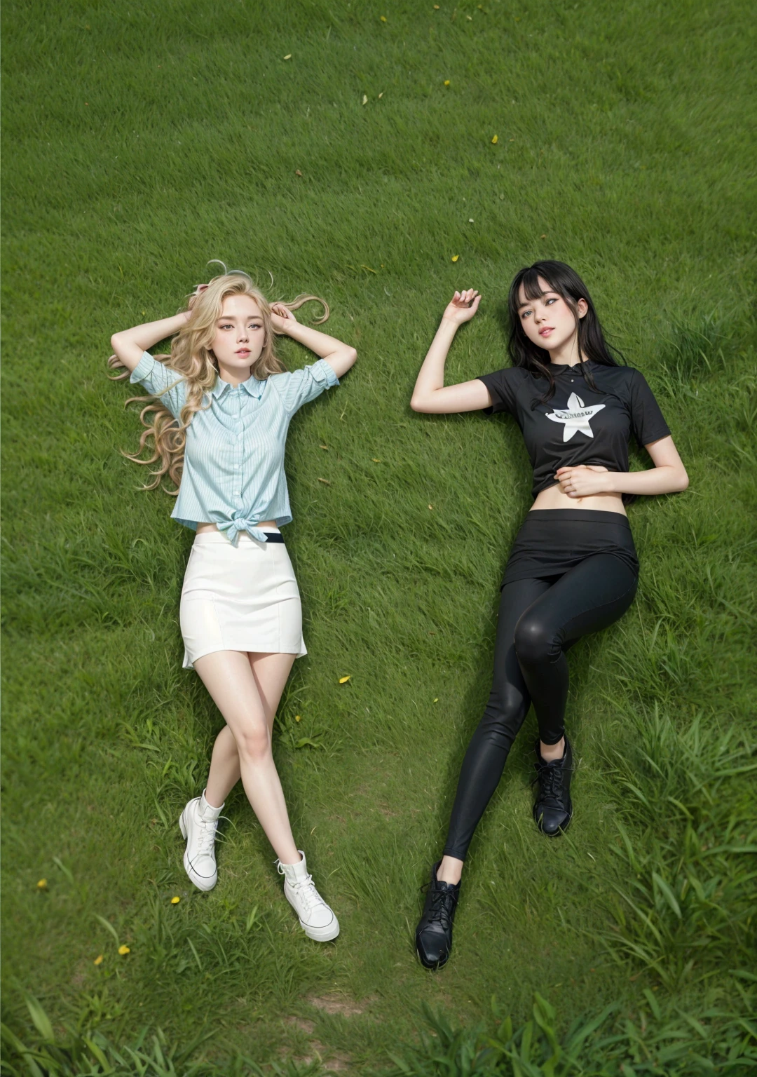 2 girls lying on the grass looking at each other, One has long, wavy blonde hair and green eyes.. the other has short straight black hair and bangs, Asian blue eyes