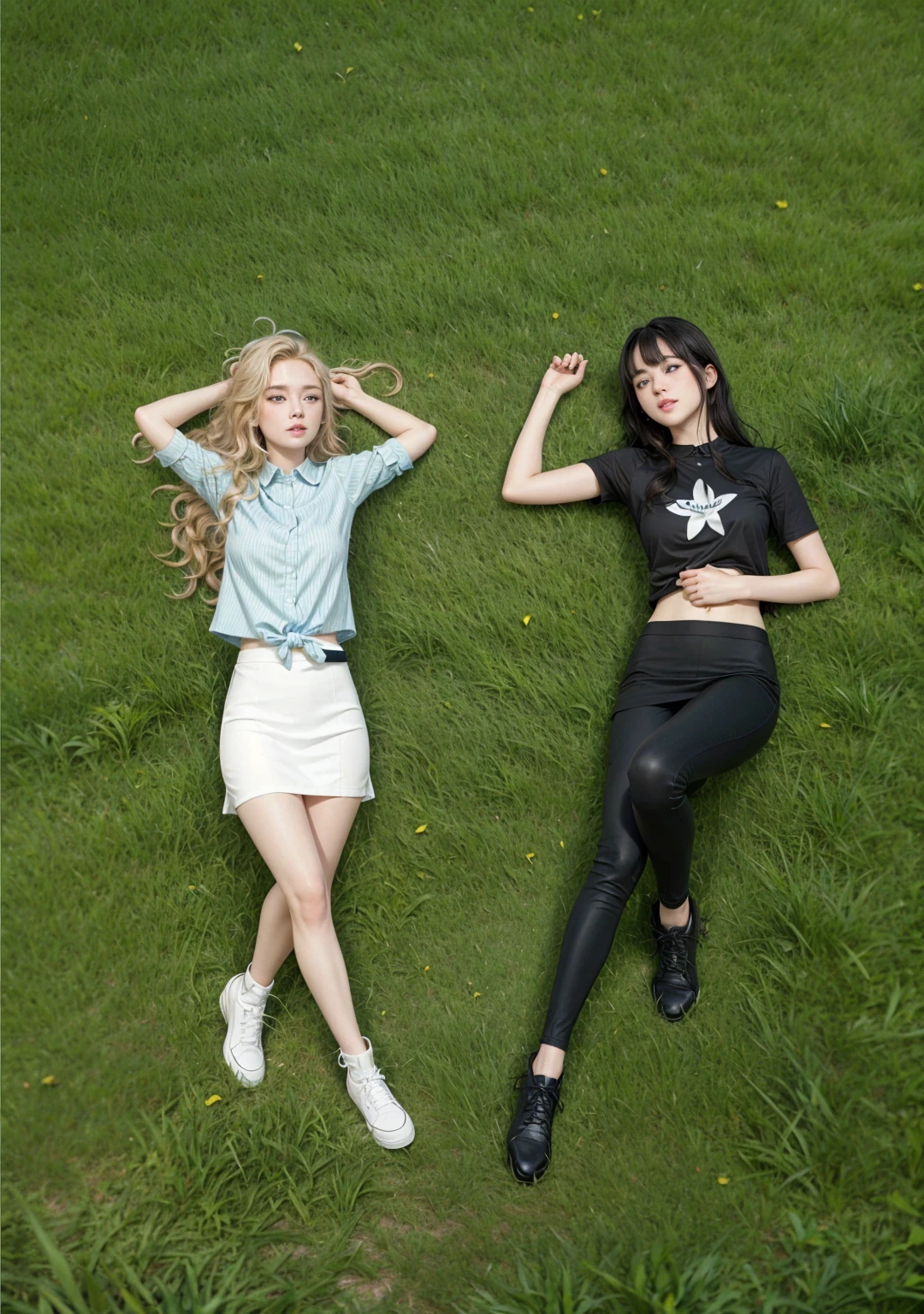 2 girls lying on the grass looking at each other, One has long, wavy blonde hair and green eyes.. the other has short straight black hair and bangs, Asian blue eyes 