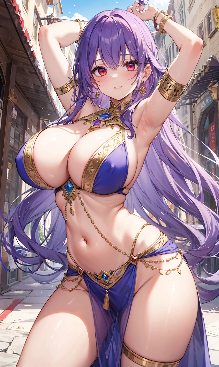 high quality, ultra detailed, best quality, insanely detailed, beautiful, masterpiece, 1girl, medieval plaza, cowboy shot, red eyes, long hair, purple hair, belly dancer, circlet, earrings, armlets, bracelets, bashful smile, large breasts, cleavage, soft stomach