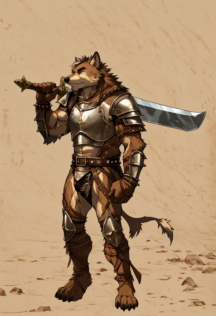 Solo Sexy young anthro furry wolf male mercenary medieval solider, slim endomorph muscular, anthro handsome gay shorter muzzle, handsome gay model male apperance, sword scars, worn out leather skimpy armament, low on hips heavy leather belt, old very worn out skimpy dirty linen material jockstrap, old yellow dirty worn out stains on white sawn jockstrap, very visible "x" brown seam pattern on the jockstrap, studded skimpy armlets breastplate armor, skimpy breastplate, leather bondages, fingerless leather gloves, smelly unwashed furr, dirty body look, desert battlefield, standing in sexy fighting position, close view of full character, blooded furr, blooded sword