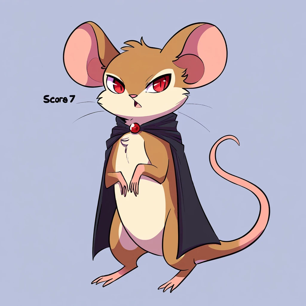 score_9, score_8_up, score_7_up, score_6_up, score_5_up, score_4_up, show accurate, full body, hungry body, simple background, (solo), (semi anthro), mouse, female mouse, fur body, ultra fine fur, standing, red eyes, (light brown dull fur), determined look, black open cape, black inner cape,
