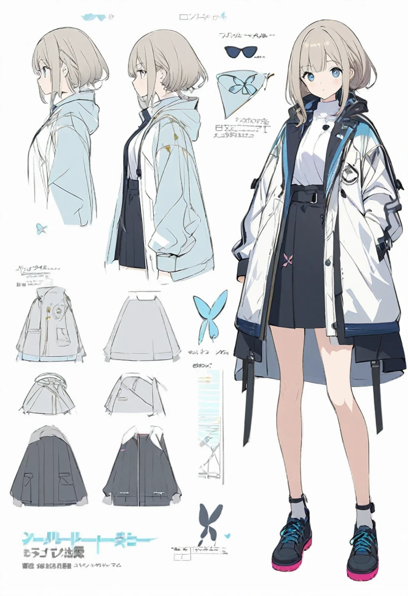Butterflies are flying、Facing at an angle、Concept Art、1girl, stylish, stylish code, large jacket, simple white background