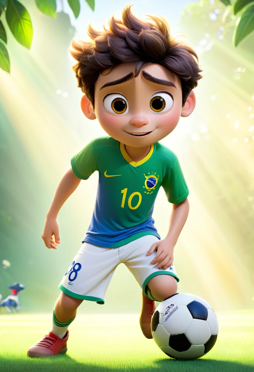 (wide range:1.2),(bright and vibrant colors), (high resolution), (realisitic:1.37), Disney Pixar Movie Poster, use this boy to create an image of him playing football with the Brazil shirt