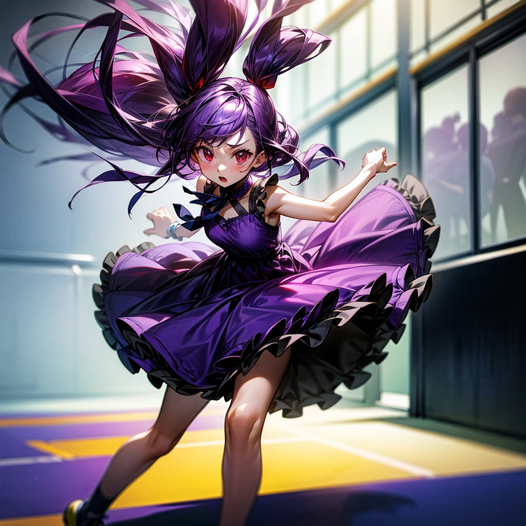 ???, 1girl, running down the court, holding a teddy bear, worried, red eyes, dark purple hair, wearing a cute purple dress