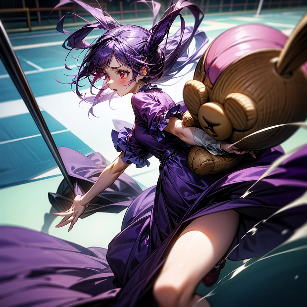 ???, 1girl, running down the court, holding a teddy bear, worried, red eyes, dark purple hair, wearing a cute purple dress
