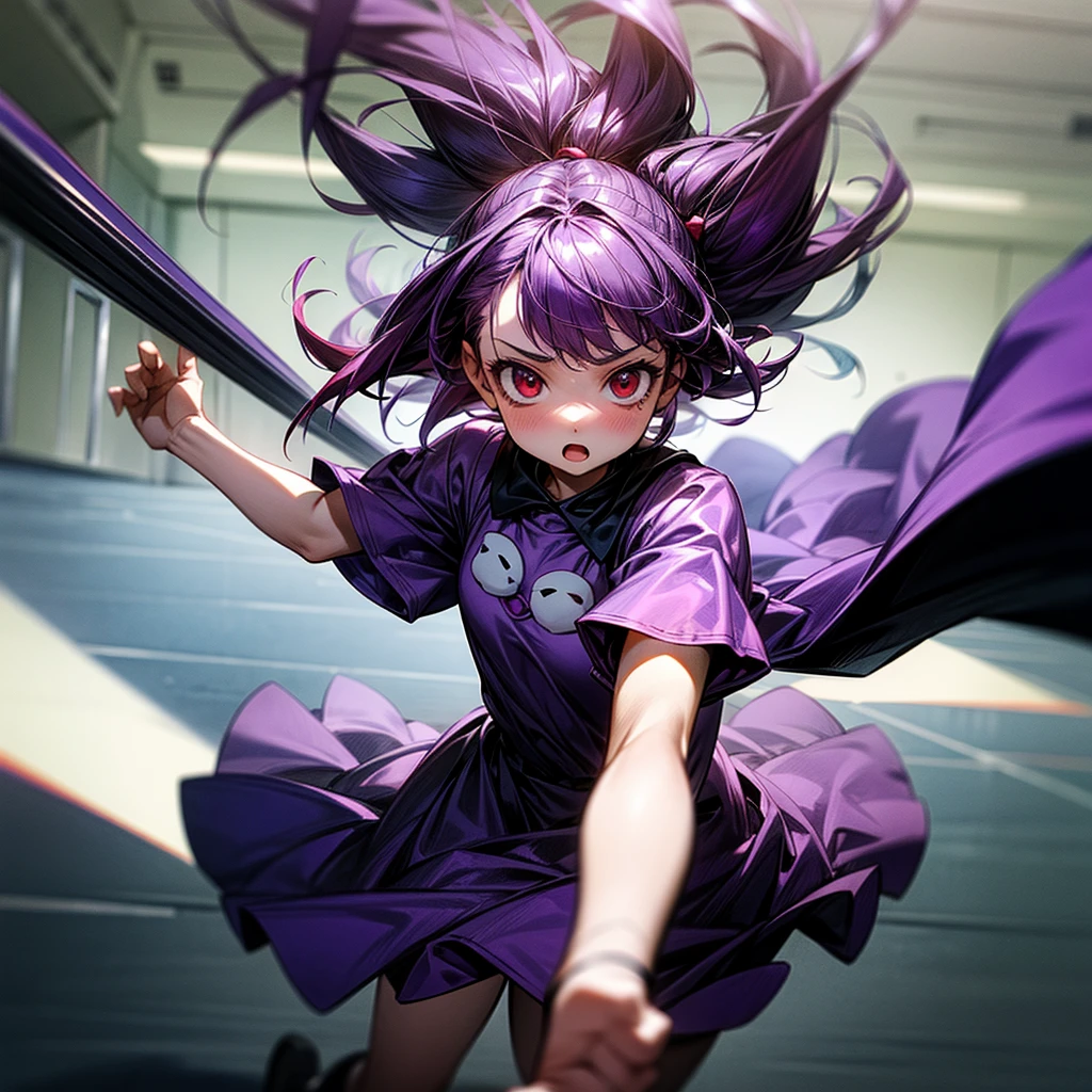 Kid, 1girl, running down the court, holding a teddy bear, worried, red eyes, dark purple hair, wearing a cute purple dress