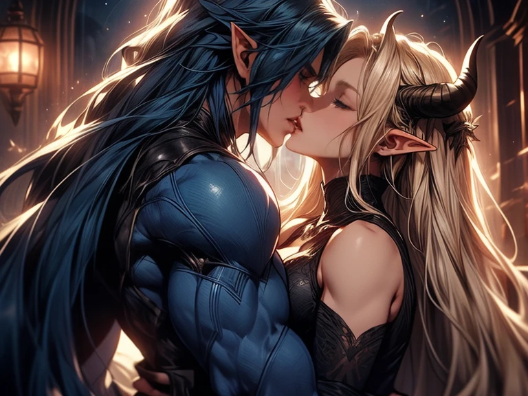  (beautiful faces) (high quality) (anime art) (great posture) (masterpiece) (dynamic poses) (high quality face expression) a dark blue long haired male elf with muscles and dark blue long hair and demon horns has sex with a female blonde elf in a castle, naked bodies, hard penis naked hard penis, pretty face, blushed face