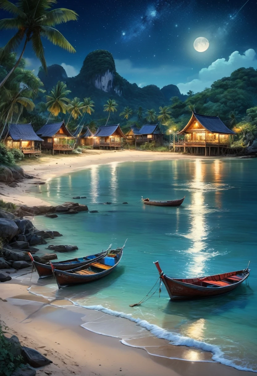 A picturesque village landscape sits on a tranquil coastline in Thailand. Illuminated by a night sky full of stars and moon. Create a magical atmosphere modern village The trees sway gently. Moonlit waves hit the shore and fishing boats floated in the water., Carl Larsson, Fujicolor, uhd