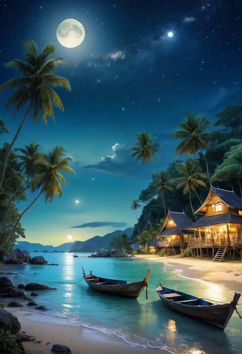 A picturesque village landscape sits on a tranquil coastline in Thailand. Illuminated by a night sky full of stars and moon. Create a magical atmosphere modern village The trees sway gently. Moonlit waves hit the shore and fishing boats floated in the water., Carl Larsson, Fujicolor, uhd