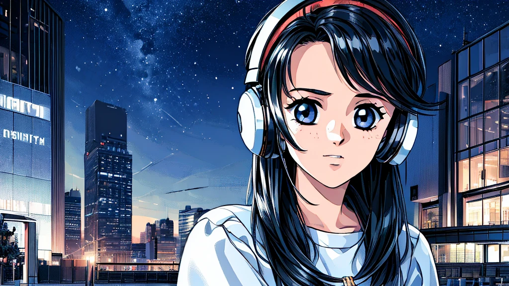 ((masterpiece)),(((Highest quality))),((Super detailed)) Realistically, 1 Girl, beautiful, Wearing headphones, One person　 night景を見てる, city, Starry Sky, building, night.　Long Black Hair　The wind is blowing