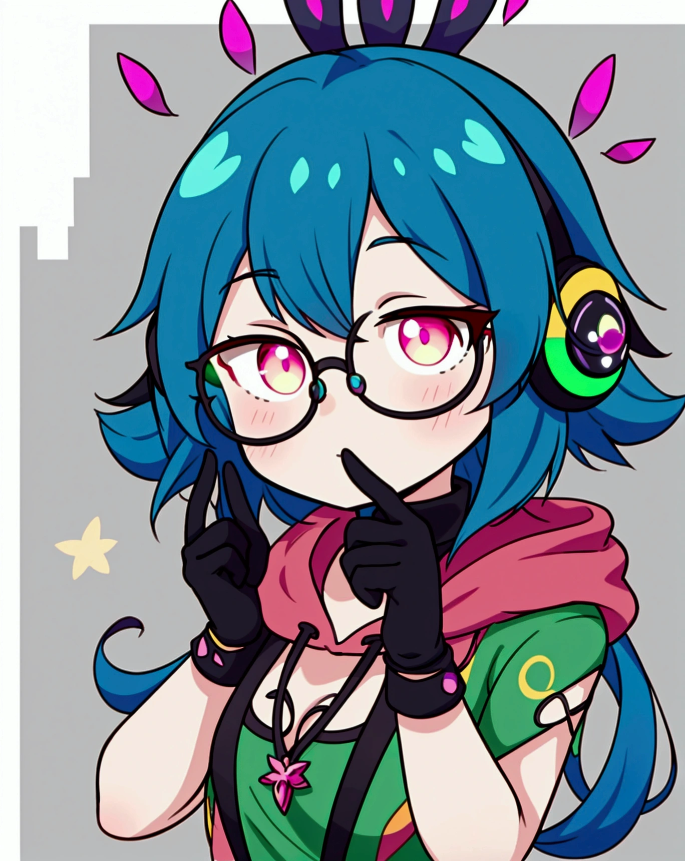 Neeko ((highest quality)), ((masterpiece)), (be familiar with), perfect face,white half-up hair,green mesh hair,Pink eyes,round glasses,cool black hoodie,headphones,black gloves,turtleneck,alone,icon