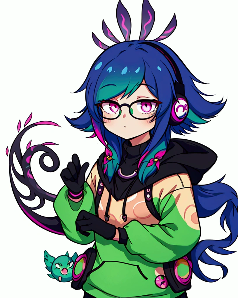 Neeko ((highest quality)), ((masterpiece)), (be familiar with), perfect face,white half-up hair,green mesh hair,Pink eyes,round glasses,cool black hoodie,headphones,black gloves,turtleneck,alone,icon