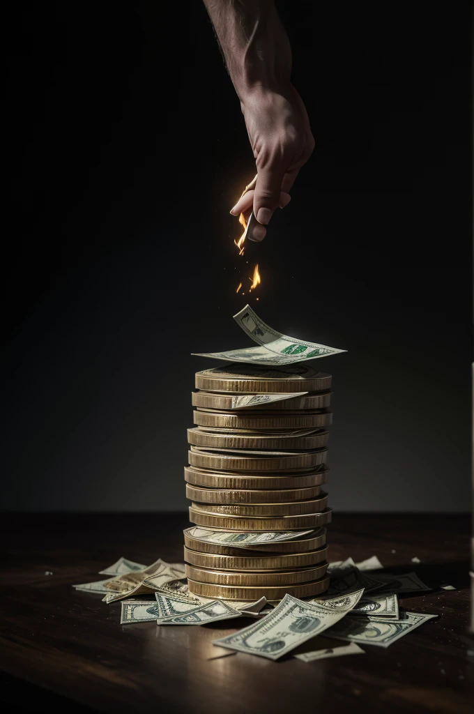 a large pile of burning dollar bills, one bitcoin standing in front, 3d perspective, surrealism, high detail, modern, 16k, hyper realistic, cinematic lighting, dramatic contrast, intricate details, volumetric lighting, dramatic composition, photorealistic, moody atmosphere, striking colors, dynamic pose, intricate textures