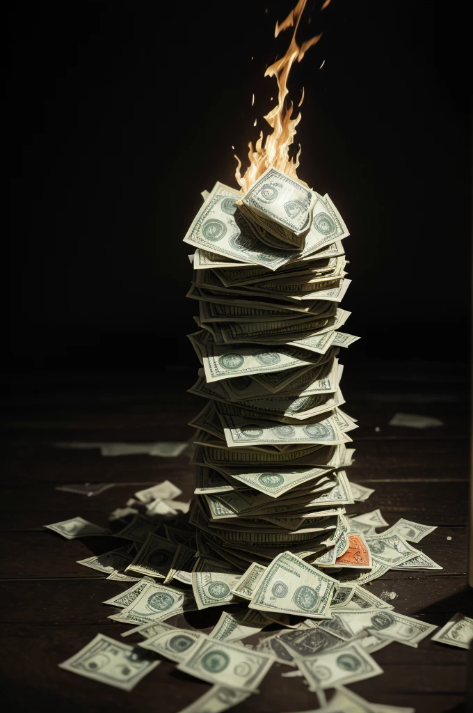 a large pile of burning dollar bills, one bitcoin standing in front, 3d perspective, surrealism, high detail, modern, 16k, hyper realistic, cinematic lighting, dramatic contrast, intricate details, volumetric lighting, dramatic composition, photorealistic, moody atmosphere, striking colors, dynamic pose, intricate textures