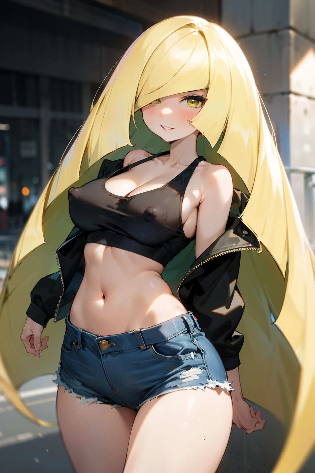 (Masterpiece), Best Quality, ultra-detailed, 1girl (lusamine, Slender and sexy body, Big and pretty breasts, blonde_hair , very long hair(hair over one eye : 1.3), yellow eyes, half-closed eyes), a seductive face, wicked smile, parted lips, facing viewer, looking at viewer, solo, black jacket, leather jacket,undress, bare one shoulder, white tank_top, covered nipples, cleavage, navel, denim short shorts, outdoors, street, standing, Sexy waist teasing , a provocative pose