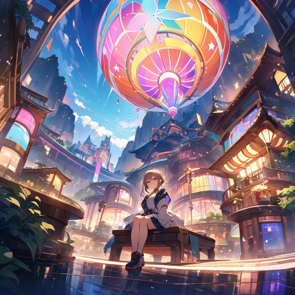 Masterpiece,Magnificent Mountain々Ya sky、In the midst of lush natural scenery、A person sitting with a slightly tired expression。In a calm atmosphere、It conveys a relaxed state、Glossy and great color、Thriving Neon Building、Highly detailed HDR、Beyond imagination、8k、Global Illumination、Wide angle、Dream world