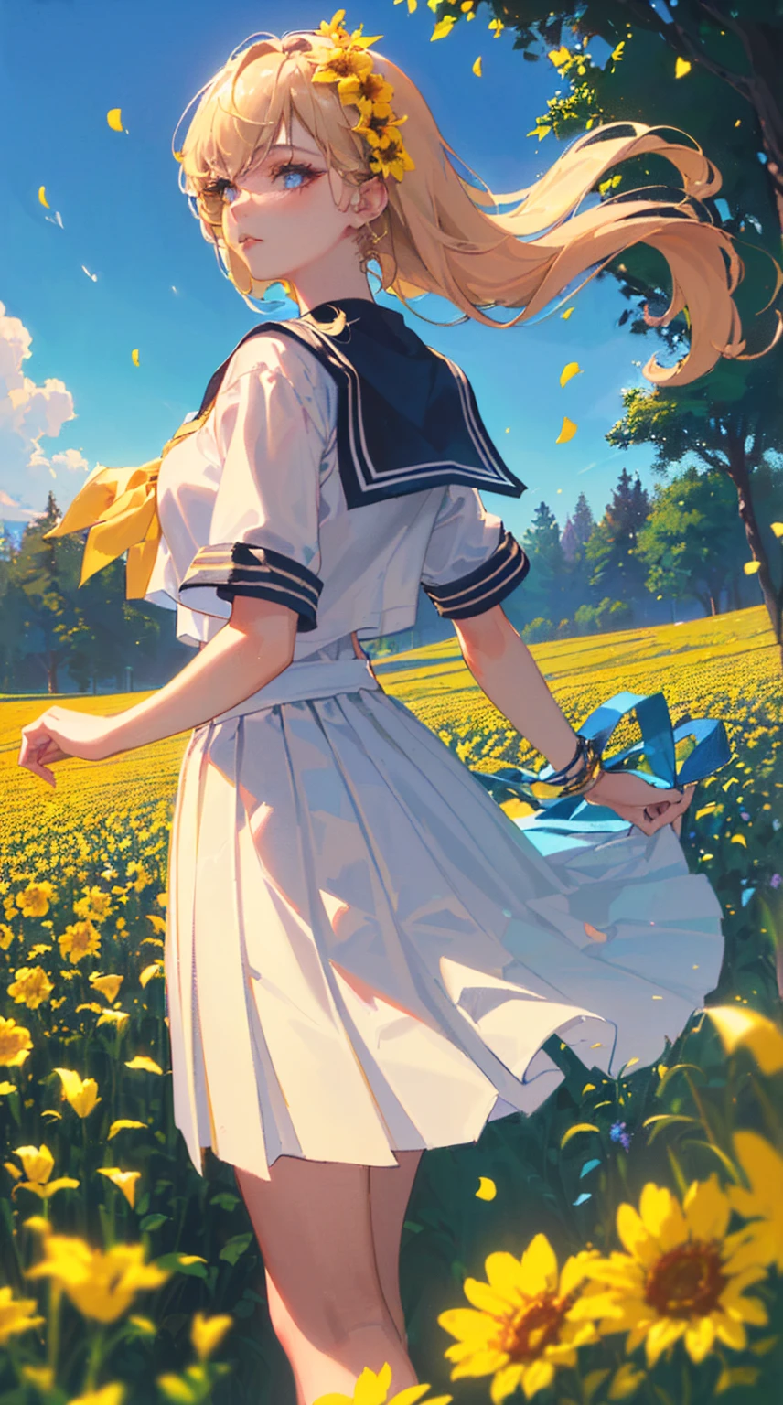 (((Highest quality, 4K, 8K high resolution, masterpiece:1.2), Very detailed, One person, woman, (ＪＫ, , Sailor suit, Pleated skirt),Rape flower field, One yellow wave, romantic, Magic Hour, A wonderful garden, Glowing petals, Contrast between the sky and the flower field, 詩的でromantic, Emphasis on individuality and uniqueness,Beautiful attention to detail, Beautiful lip detail, Long eyelashes, Bright colors, Soft and warm color palette,