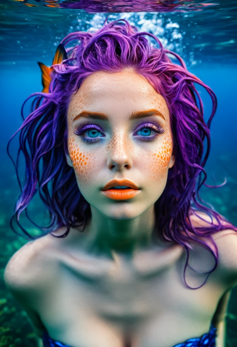 Frontal portrait of a colorful, extravagant woman who resembles a mermaid. perfectbody, natural breasts, clean skin, Youthful features, wide-open eyes and delicate freckles on the nose and cheeks. from front view, Vibrant, Gravity-defying hair in shades of purple, blue and orange. Your hair turns into tendrils or aquatic flora, creating an underwater illusion. Small bubbles floating around the head add to the underwater theme. General Effect: Serene otherworldly underwater creature in silent contemplation.