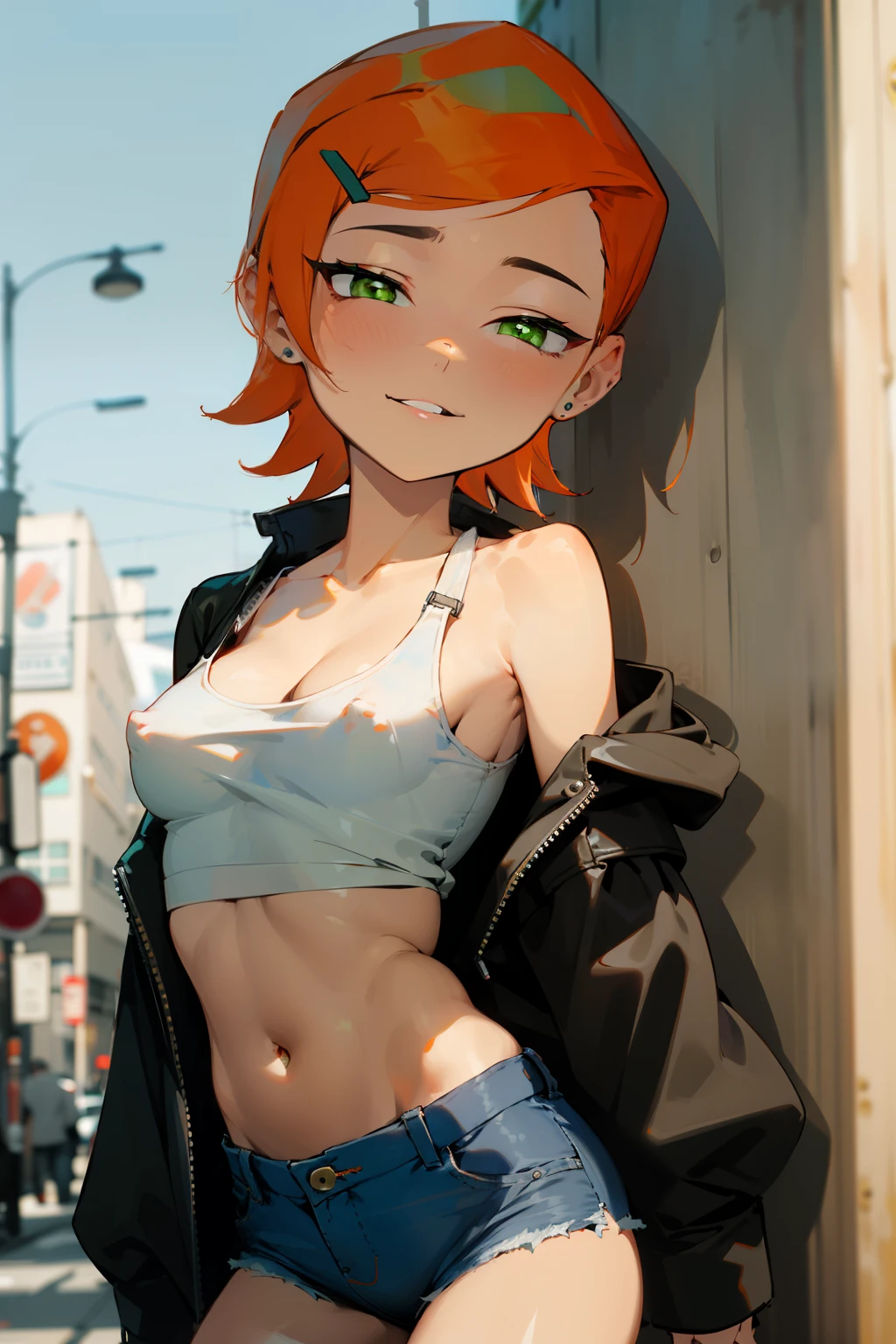 (Masterpiece), Best Quality, ultra-detailed, 1girl (Gwendolyn_Tennyson, breasts, orange hair, short hair, green eyes, half-closed eyes), a seductive face, wicked smile, parted lips, facing viewer, looking at viewer, solo, black jacket, leather jacket,undress, bare one
shoulder, white tank_top, covered nipples, cleavage, navel, denim short shorts, outdoors, street, standing, Sexy waist teasing , a provocative pose, from_below