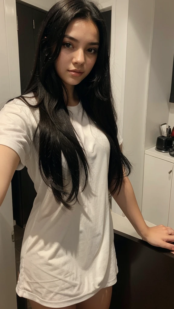A selfie of a girl with long black hair