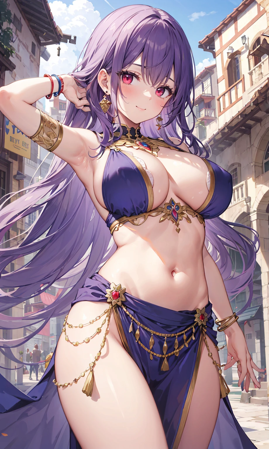 high quality, ultra detailed, best quality, insanely detailed, beautiful, masterpiece, 1girl, medieval plaza, cowboy shot, red eyes, long hair, purple hair, belly dancer, circlet, earrings, armlets, bracelets, bashful smile, large breasts, cleavage, soft stomach