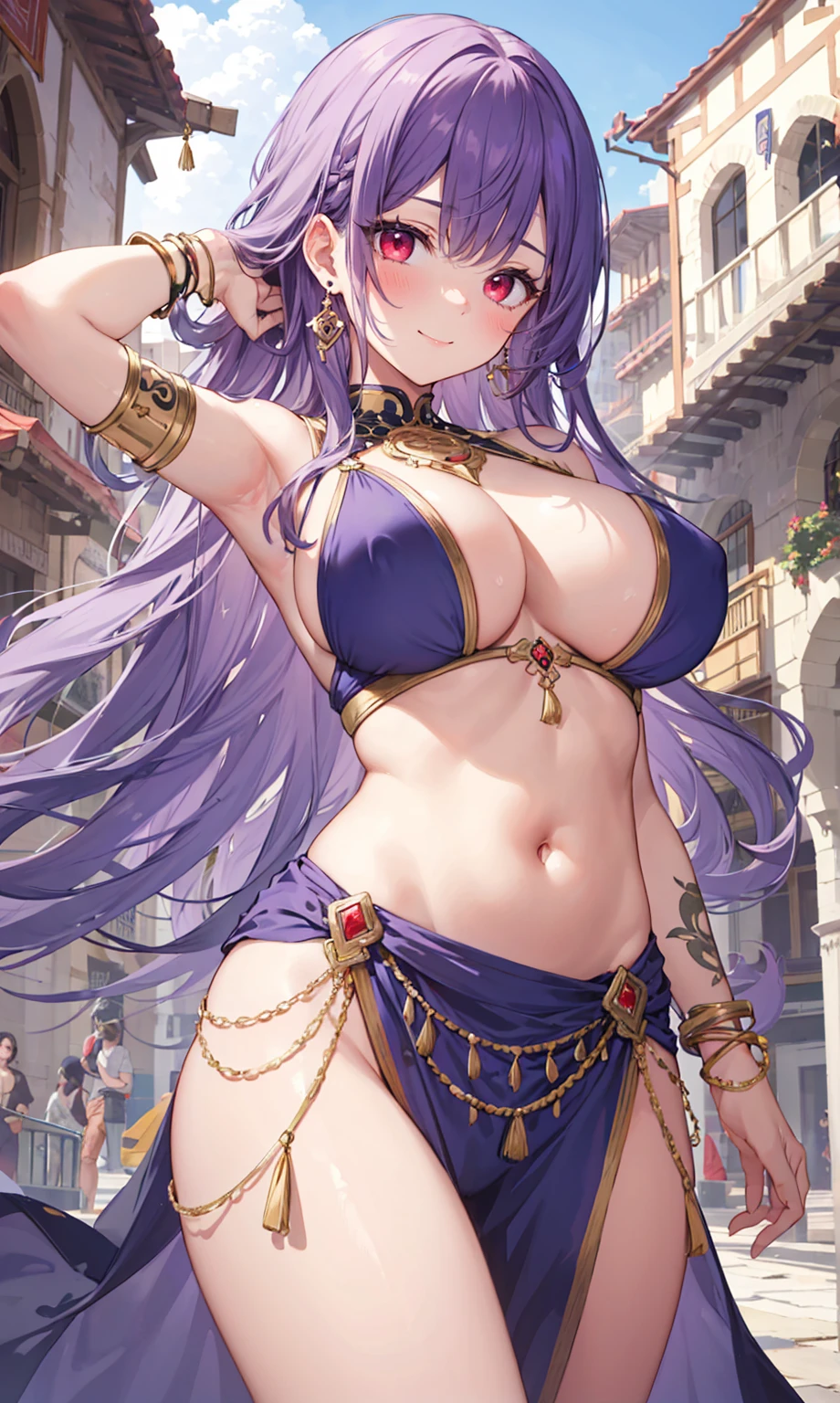 high quality, ultra detailed, best quality, insanely detailed, beautiful, masterpiece, 1girl, medieval plaza, cowboy shot, red eyes, long hair, purple hair, belly dancer, circlet, earrings, armlets, bracelets, bashful smile, large breasts, cleavage, soft stomach