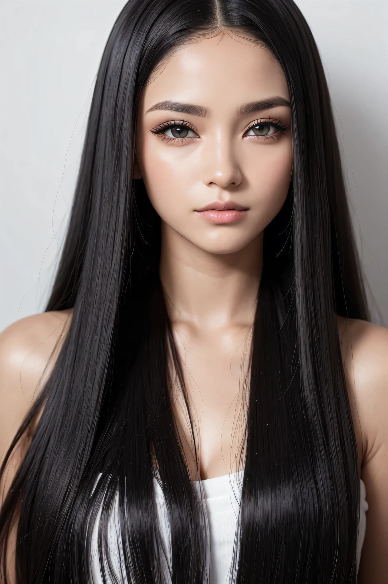 goddess with shining golden eyes, straight black hair and white skin
