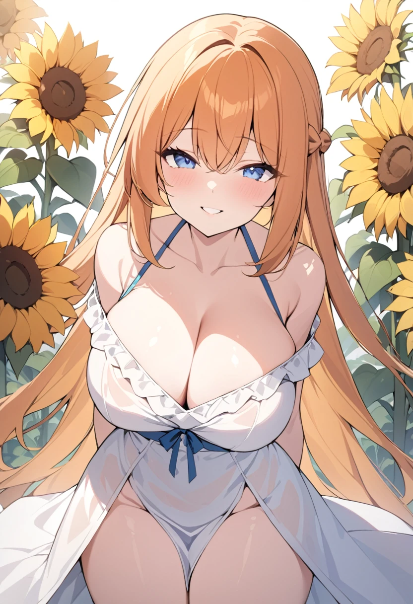 masterpiece, best quality, 1girl, solo, orange hair, very long hair, straight hair, french braid, blue eyes, large breasts, white dress, summer_dress, cleavage, off shoulder, smile, sunflowers, arms behind back, looking_at_viewer