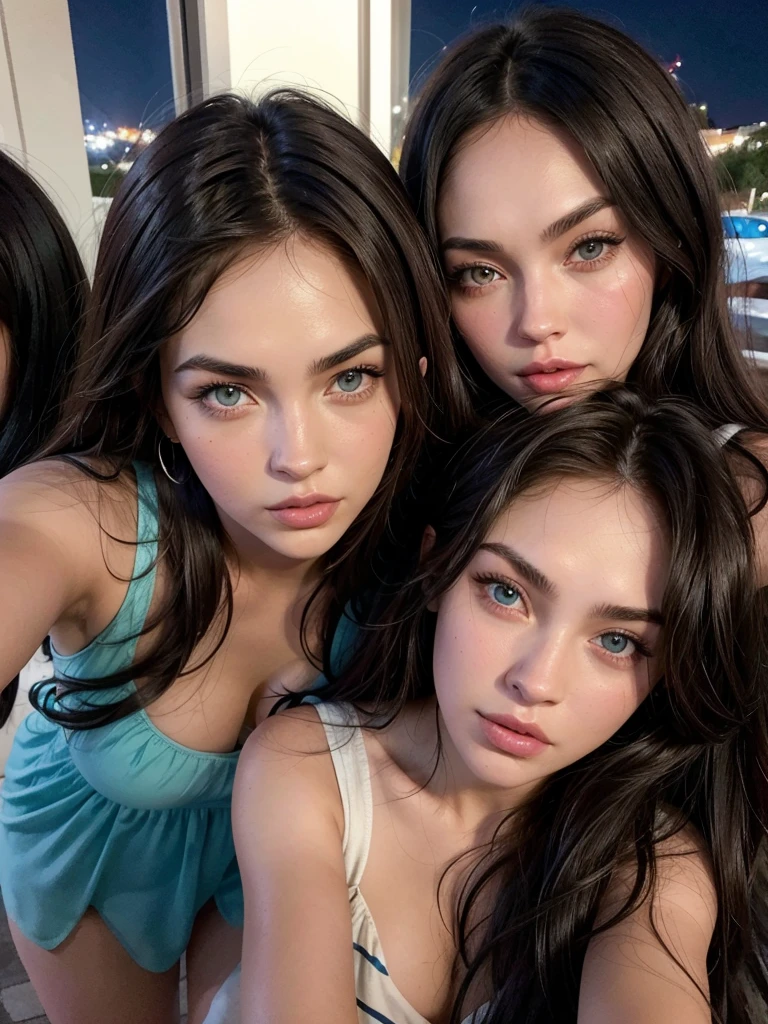 3 young brides 13 years old , small breasts nsfw uncensored, pantyrose , long hair, seducing gaze, invites to have sex (brazilian actress bruna marquezine ) all well made up , Red lips,, luxurious jewelry, look seductive, face slightly turned to the side, They all have bright turquoise blue eyes