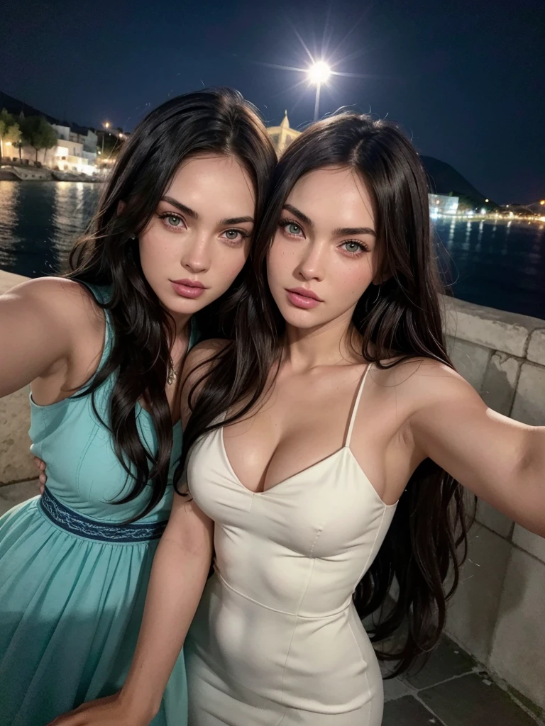 couple, 1 dark-skinned man, brown hair, greeneyes, 1 woman with black hair, blue colored eyes, realisitic, Megan fox, elegant white dress, travel in greece, glad, Selfie, the night, high qualiy, photo hugging