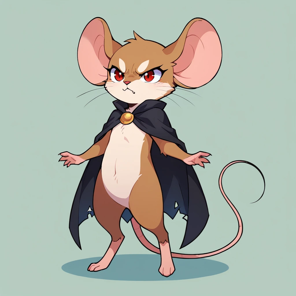 score_9, score_8_up, score_7_up, score_6_up, score_5_up, score_4_up, show accurate, full body, hungry body, simple background, (solo), (semi anthro), mouse, female mouse, fur body, ultra fine fur, standing, red eyes, (light brown dull fur), determined look, black open cape, black inner cape,