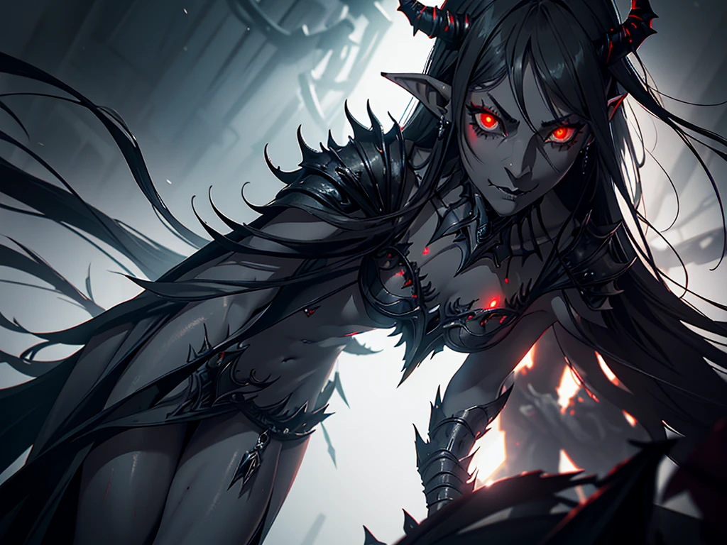 ((dark fantasy art)), beautiful demon girl, ((black glossy skin)), dark black skin, black skin, ((ash skin)), black skin, very long black hair, (((hands petting belly))), (short clothing), open belly, cold lights, highly detailed art, extremely detailed background