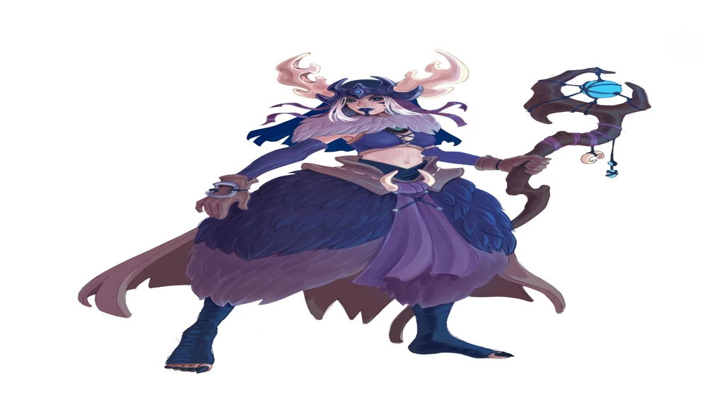 Close-up of a cartoon character with a sword and hat, fullbody pose, semirealism, northern shaman, in fur wide pants, with blue tape on the legs and feet, in a leather belt with a bone buckle and hanging fabric, long blue and brown leather gloves on hands, open belly, leather tie top, fur collar, crown headdress with horns with ribbons and short veil, in hand a wooden staff with a blue glowing ball.