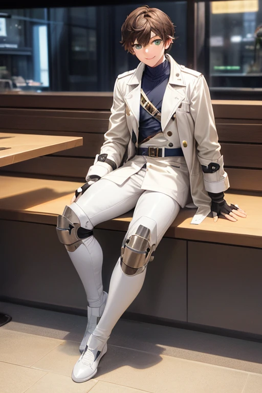 ((best quality)), ((masterpiece)), (detailed), a couple, the boy, full body, 19 years old, brown hair with white tips, long, bangs, green eyes, mischievous smile, tall and thin, slim, long beige trench coat, open trench coat, black fingerless gloves, white wristbands, white superhero armor, white chest with emblem, blue luminous "I" letter emblem on chest, blue I-shaped emblem, letter I, black pants, white knee pads, metallic white shoes, superhero belt, nanotechnology in the air, the girl, full body, 20s years old, young adult, scientist's lab coat, sitting in a cafe, city background, anime