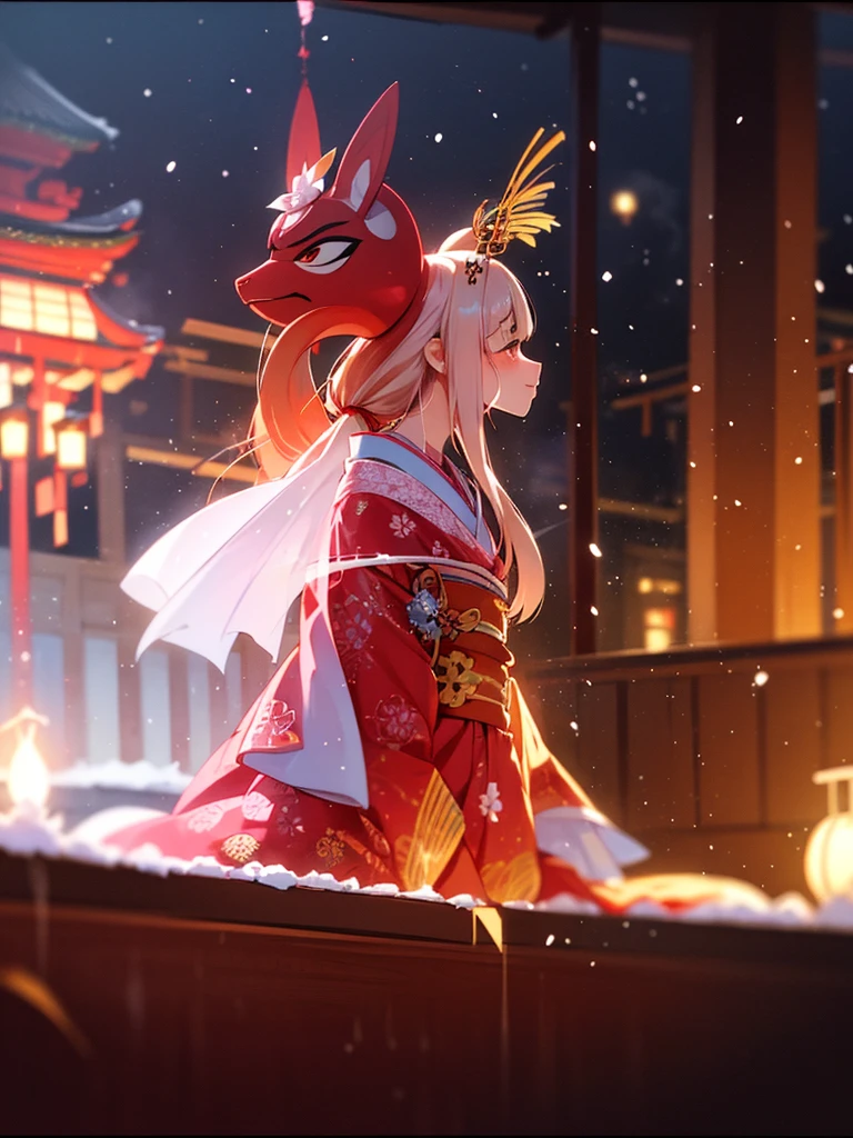 (Sumilux f1.4 50mm , low Latitude old color negative film , cross process , bokeh, flare, chromatic aberration , soft focus, (Shallow focus) , soft glow , Maximum aperture, High Key , Transparent depiction) , kawaii hentai anime , Japanese Heian period , Royal girl, kitsune mask , (round Maro eyebrows) , kimono , (Peony flowers blooming:0.8) , Snow is falling , steamy breath , Kagura Dance , passion , Drinking amazake , Drunkard , seduce , Hyakki yagyo emaki
