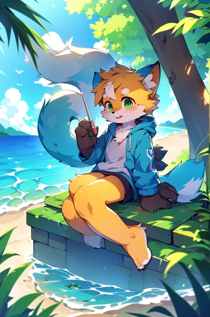 Furry,Fox,boy,8k resolution,最High resolution,                   High resolution,Sea view,Wearing a hoodie,Green Eyes,summer