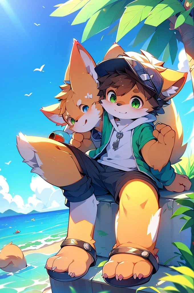 Furry,Fox,boy,8k resolution,最High resolution, High resolution,Sea view,Wearing a hoodie,Green Eyes,summer